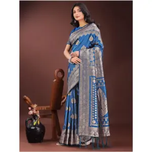 Women's Silk Printed Saree with Blouse – Sky Blue