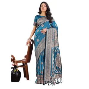 Women's Silk Printed Saree with Blouse – Teal