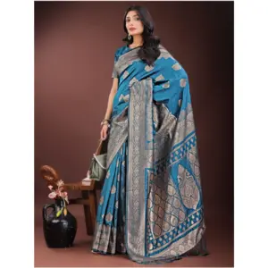 Women's Silk Printed Saree with Blouse – Teal