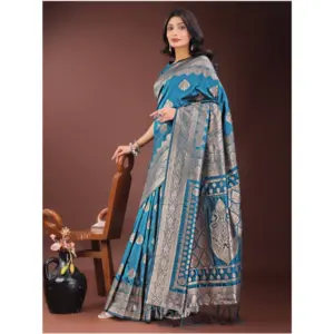 Women's Silk Printed Saree with Blouse – Teal