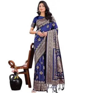 Women's Silk Printed Saree with Blouse – Navy Blue
