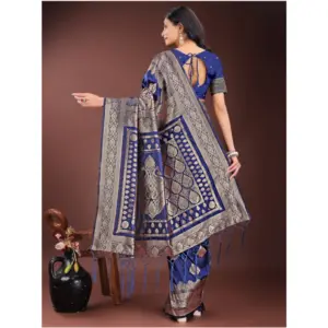 Women's Silk Printed Saree with Blouse – Navy Blue