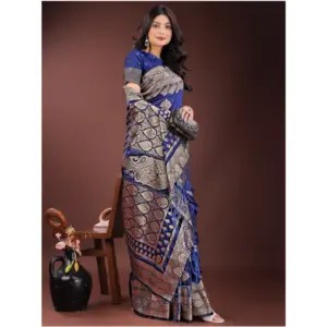 Women's Silk Printed Saree with Blouse – Navy Blue