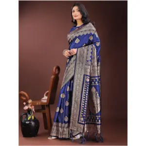Women's Silk Printed Saree with Blouse – Navy Blue