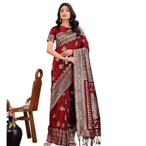 Women's Silk Printed Saree with Blouse – Maroon