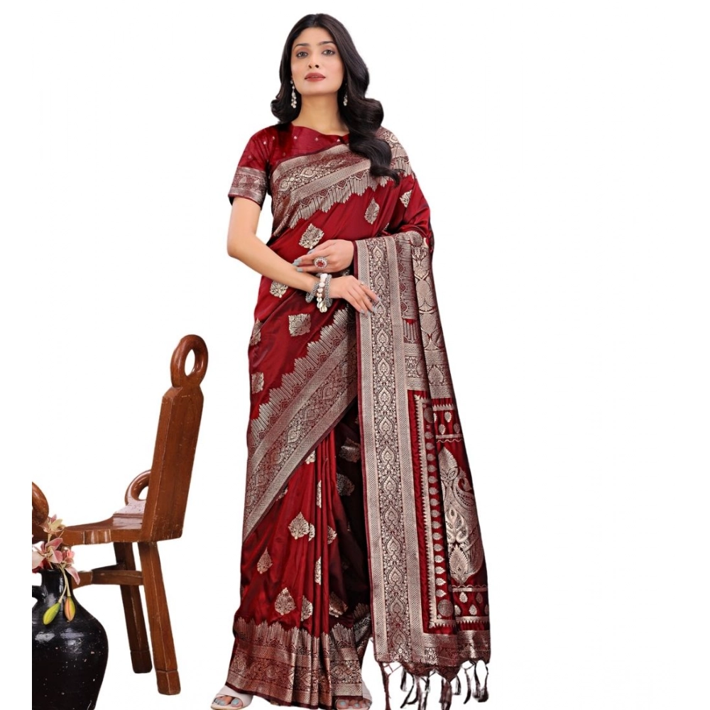 Women's Silk Printed Saree with Blouse – Maroon