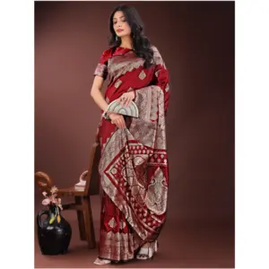 Women's Silk Printed Saree with Blouse – Maroon