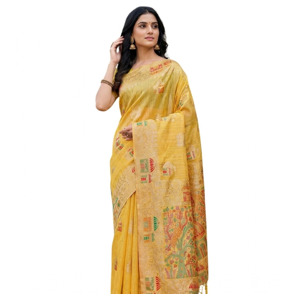Women's Linen Cotton Printed Saree with Blouse – Yellow