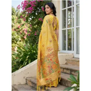 Women's Linen Cotton Printed Saree with Blouse – Yellow