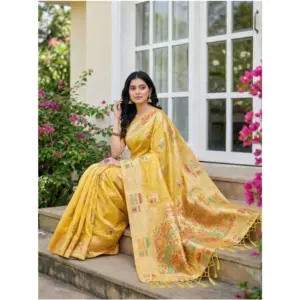 Women's Linen Cotton Printed Saree with Blouse – Yellow