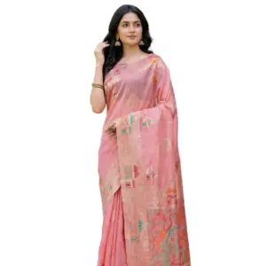 Women's Linen Cotton Printed Saree with Blouse – Pink