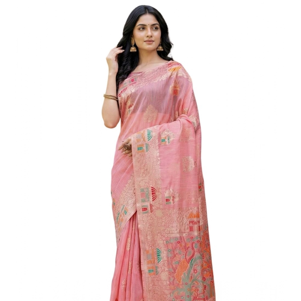 Women's Linen Cotton Printed Saree with Blouse – Pink