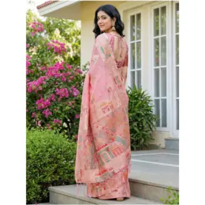 Women's Linen Cotton Printed Saree with Blouse – Pink