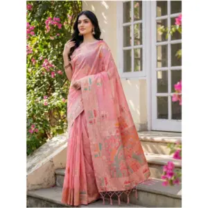 Women's Linen Cotton Printed Saree with Blouse – Pink