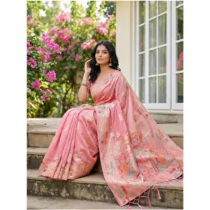 Women's Linen Cotton Printed Saree with Blouse – Pink