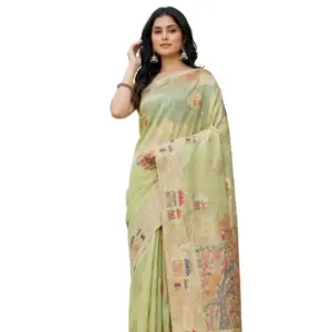 Women's Linen Cotton Printed Saree with Blouse – Light Green
