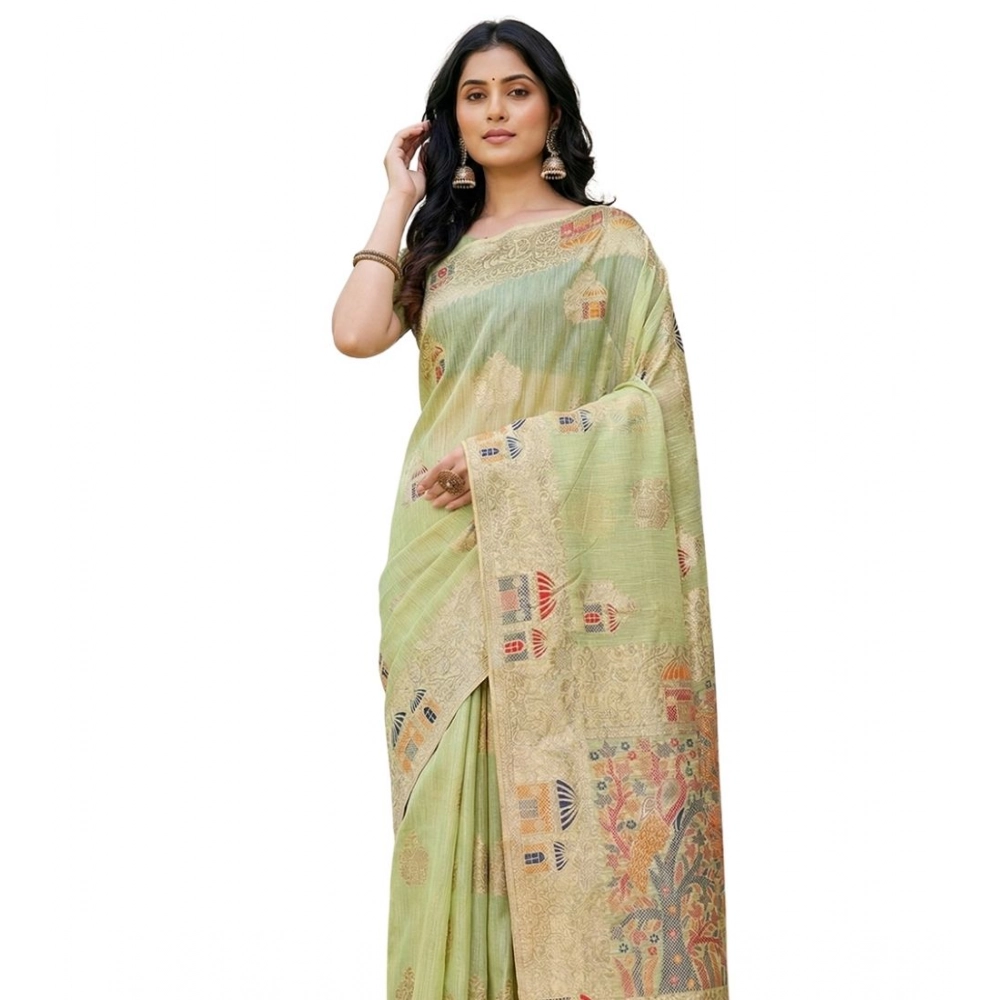 Women's Linen Cotton Printed Saree with Blouse – Light Green