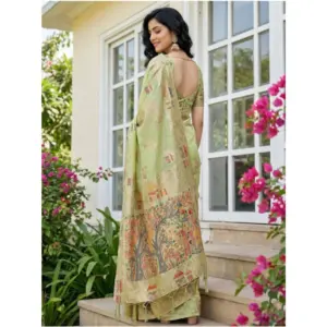 Women's Linen Cotton Printed Saree with Blouse – Light Green