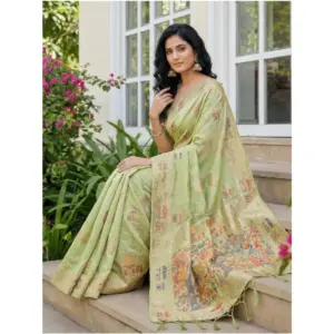 Women's Linen Cotton Printed Saree with Blouse – Light Green