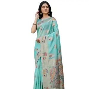 Women's Linen Cotton Printed Saree with Blouse – Sky Blue