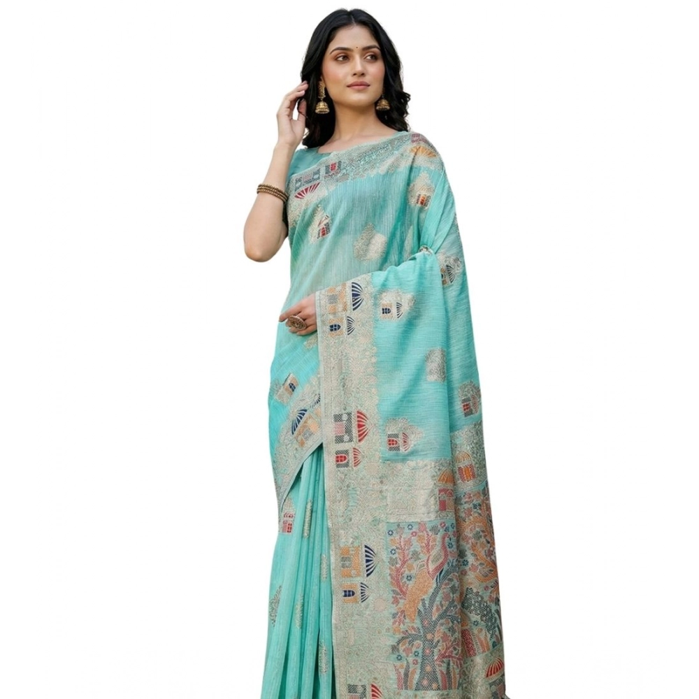 Women's Linen Cotton Printed Saree with Blouse – Sky Blue