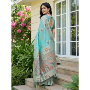 Women's Linen Cotton Printed Saree with Blouse – Sky Blue