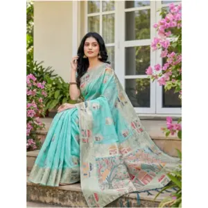 Women's Linen Cotton Printed Saree with Blouse – Sky Blue