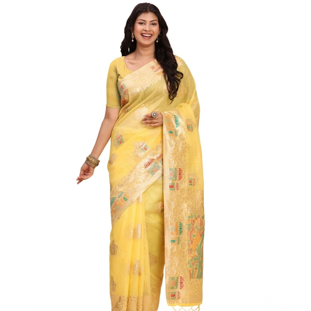 Women's Linen Cotton Printed Saree with Blouse – Yellow