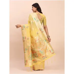 Women's Linen Cotton Printed Saree with Blouse – Yellow