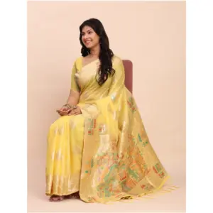 Women's Linen Cotton Printed Saree with Blouse – Yellow