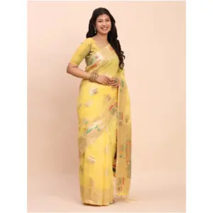 Women's Linen Cotton Printed Saree with Blouse – Yellow