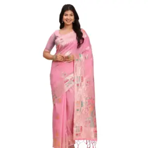 Women's Linen Cotton Printed Saree with Blouse – Pink
