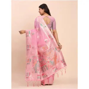 Women's Linen Cotton Printed Saree with Blouse – Pink