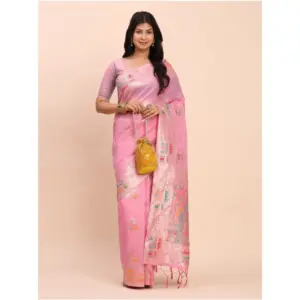 Women's Linen Cotton Printed Saree with Blouse – Pink