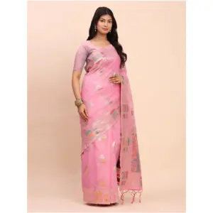 Women's Linen Cotton Printed Saree with Blouse – Pink