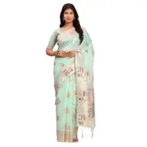 Women's Linen Cotton Printed Saree with Blouse – Sea Green