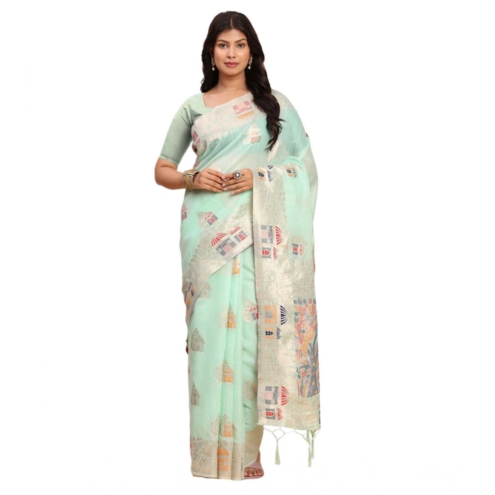 Women's Linen Cotton Printed Saree with Blouse – Sea Green