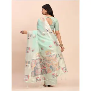 Women's Linen Cotton Printed Saree with Blouse – Sea Green
