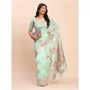 Women's Linen Cotton Printed Saree with Blouse – Sea Green