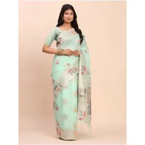 Women's Linen Cotton Printed Saree with Blouse – Sea Green