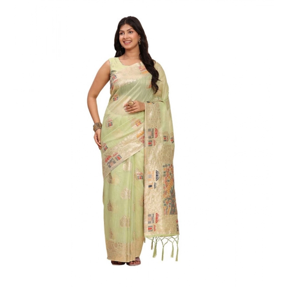 Women's Linen Cotton Printed Saree with Blouse – Light Green