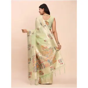 Women's Linen Cotton Printed Saree with Blouse – Light Green