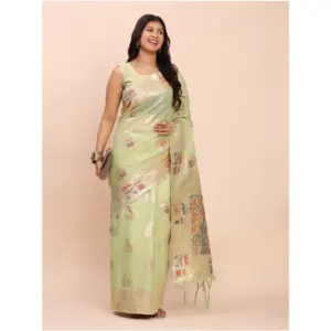 Women's Linen Cotton Printed Saree with Blouse – Light Green