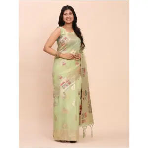 Women's Linen Cotton Printed Saree with Blouse – Light Green