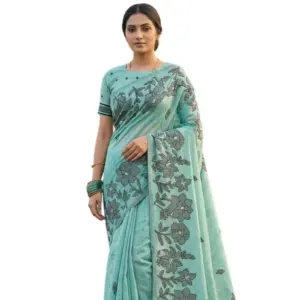 Women's Linen Cotton Printed Saree with Blouse – Sea Green