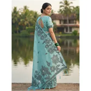 Women's Linen Cotton Printed Saree with Blouse – Sea Green