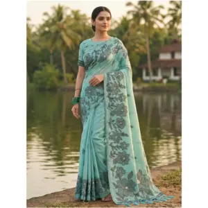Women's Linen Cotton Printed Saree with Blouse – Sea Green