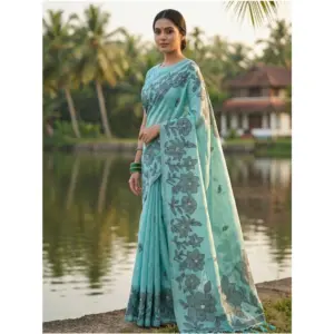 Women's Linen Cotton Printed Saree with Blouse – Sea Green