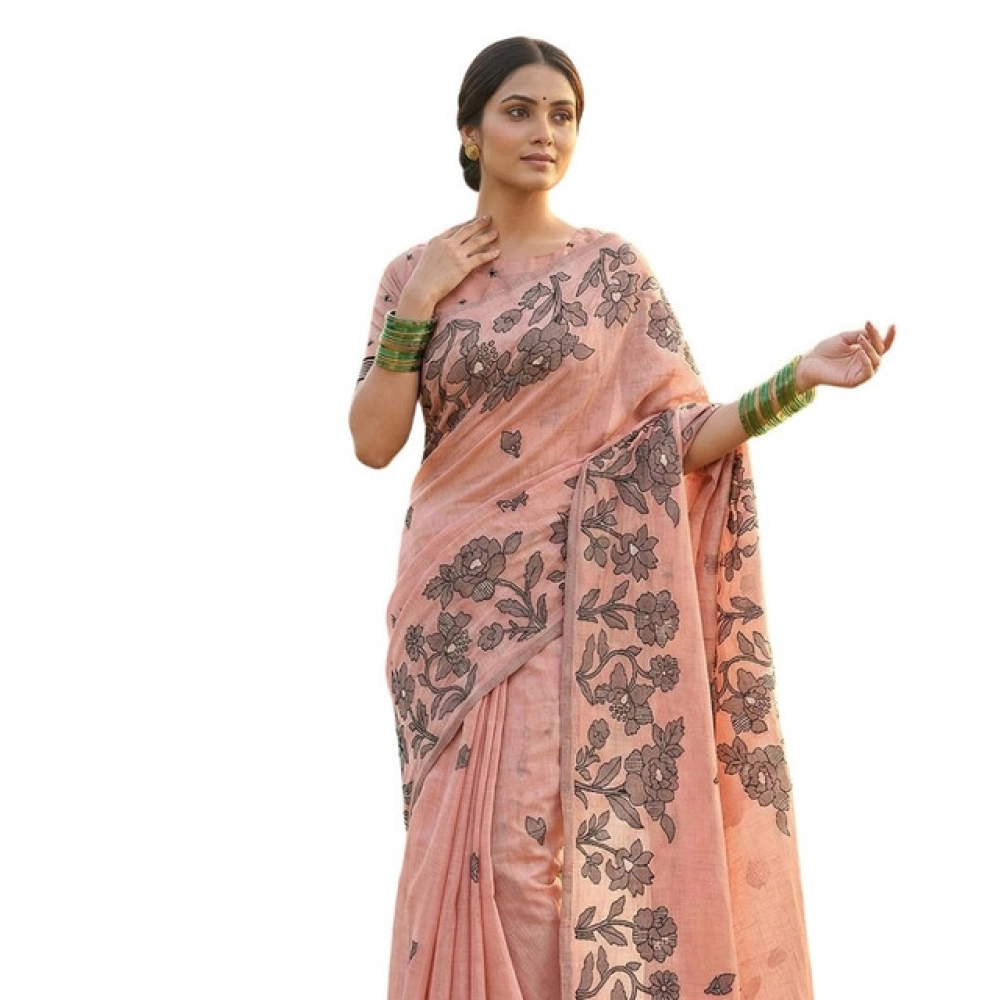 Women's Linen Cotton Printed Saree with Blouse – Peach
