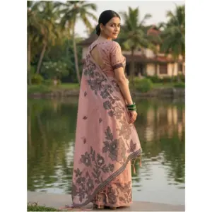 Women's Linen Cotton Printed Saree with Blouse – Peach